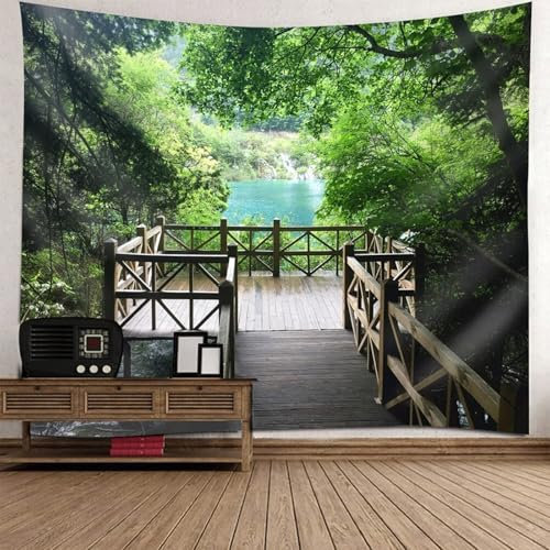 Aotiwe Wandvorhang Groß, Wandtücher Aesthetic Holzbrücke und Waldsee-Muster Grün Braun 210x140cm