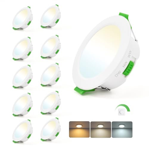 Leselux Spot LED Encastrable Dimmable, Lot de 10 Spots de Plafond Extra Plat 5W Blanc Chaud 3000K Blanc Neutre 4000K Blanc Froid 6000K, Spot Salle de Bain IP44 pour Salon Cuisine, Trou Φ65-80mm