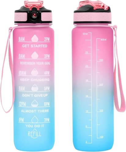 Sports Water Bottle 1L / 32oz – BPA-Free, Leakproof with Straw & Time Marker, Motivational Bottle for Gym, Office, School, Outdoor, Cycling, Hiking