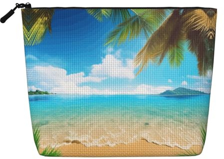 JEKYDOSD Tropical Beach Palm Theme Print Fake Hemp Makeup Bag Waterproof Imitation Hemp Bag For Daily Life, Travel, And More