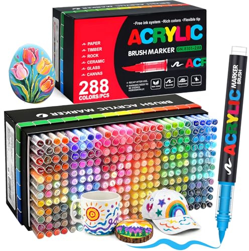 Melifluo 288 Acrylstifte Wasserfest Set–Acrylmarker mit Pinselspitze 1–6 mm | Direktfluss, Wischfest & Wetterfest – Acrylic Marker für Steine, Glas, Holz, Keramik, Stoff & Leinwand – Künstlerset