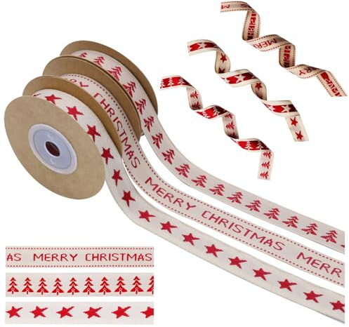 Primasage Schleifenband Weihnachten 3 Rollen je 4,6 Meter, Vintage Dekoratives Weihnachtsband, Geschenkband Weihnachten kann für Geschenkverpackungen verwendet werden