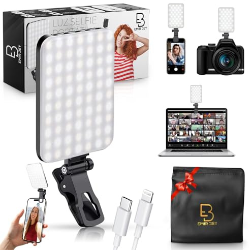 Foco Luz LED para Móvil Portátil Recargable USB con Clip y Rosca 1/4” – Luz Regulable 2500-9000K para Selfies, Vídeos y Videollamadas + Funda de Regalo