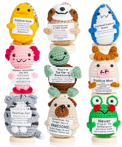 Twiddler Toys 9pcs Positive Crochet Animals – Emotional Support Crochet Stuffed Animals with Positive Messages – Cute Novelty Gift Set Includes Keychains and Stands