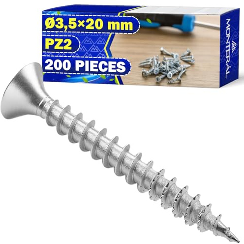 200 Piezas Tornillos para Madera Ø 3,5x20 mm Tipo de Ranura PZ2 - Fabricados de Acero Galvanizado - Pueden Usarse como Tornillo para Madera - MONTERAL