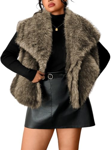 ChiaoLezhee Womens Faux Fur Lapel Fuzzy Vests, Sleeveless Fluffy Collar Jacket with Pockets, Warm Winter Outerwear Plus Size, Coyote Brown, Large