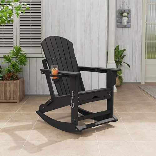 Adirondack Rocking Chair for Garden, All-Weather HDPE Outdoor Patio Rocker with Retractable Footrest & Cup Holder, Heavy Duty Folding Lounger, Ideal for Deck & Porch Ultimate Relaxation - Black