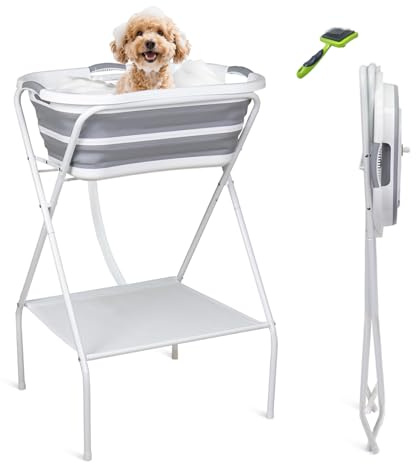 Portable Dog Bath Tub and Dog Washing Station, Collapsible Elevated Pet Tub for Bathing, Showering, Grooming, (Grayish White, Upgrade Kit)