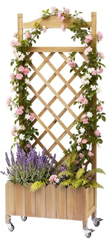 Rankgitter Pflanzkasten mit Rollen, Holz Hochbeet mit Spalier, wetterbeständiger Pflanzenkübel mit Drainagelöchern, mobiler Blumenkasten für Garten, Balkon & Terrasse, 49x28x116cm-Hellbraun
