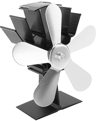 Rengue Wärmebetriebener Ofenventilator mit 5 Flügeln, Großer Luftstrom, Leiser Holzkaminventilator für Warme Luftzirkulation mit Thermometer für Holzpellet-Kerosinöfen (SILVER)