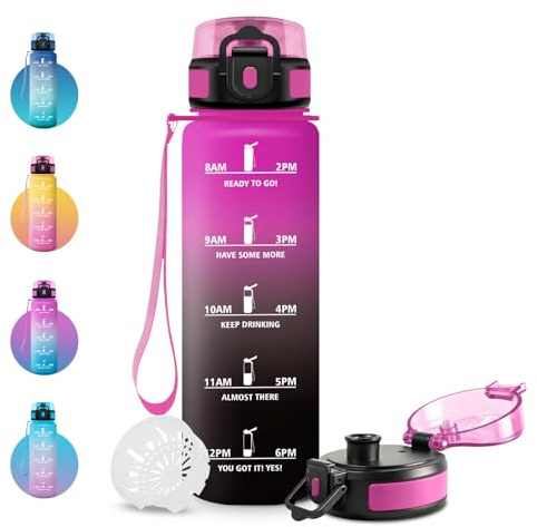 JAPORIA Borraccia Motivazionale 1L, Borracce Sportiva, Senza Perdite, Borraccia Palestra con Indicazione del Tempo, senza BPA, Bottiglia Acqua 1 Litro per Adulto, Palestra, Corsa, Yoga, Ufficio