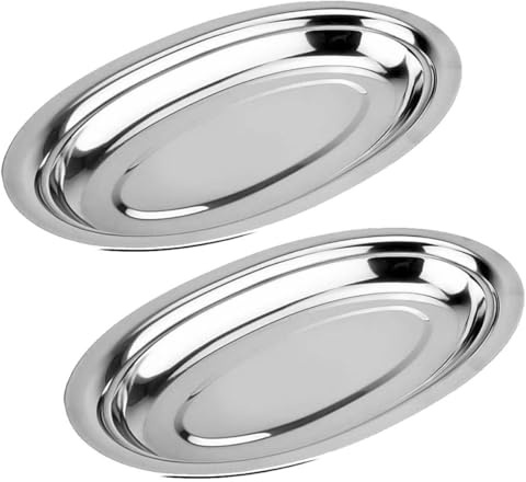 TOPPERFUN 2pcs Stainless Steel Plates Oval Fish Steaming Plate Fruit Serving Tray High Temperature Resistance Storage Container Chic Style for Personal Birthday Party Banquets
