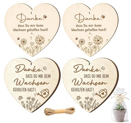 4 Stück Holzanhänger Danke Dass Du Mir Beim Wachsen Geholfen Hast | Erzieherin Geschenk Set mit 2 Designs und 10m Seil, Abschiedsgeschenk für Lehrerin, Kindergarten und Kita