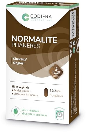 Codifra - Normalité Phanères, Complément Alimentaire Cheveux et Ongles - Croissance et Résistance - Acides Aminés, Silice, Vitamines, Zinc, Sélénium - Fabrication Française - 60 Gélules