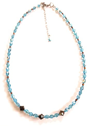 Collier ras de cou fin en cristal et verre de bohème, turquoise et marron, fermoir en acier inoxydable, fait main
