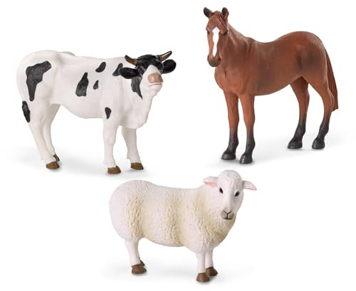 Terra by Battat – Figurines d’Animaux de la Ferme réalistes – Ensemble 3 pièces: Cheval, Taureau et Mouton en Plastique – Ensemble de Ferme pour Enfants de 3 Ans et +
