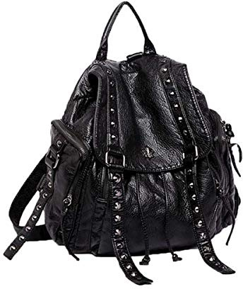 Coolives Damen Punk Große Rucksackhandtasche mit Niet Teenager Mädchen Rucksäcke Daypack aus PU Leder Schwarz EINWEG