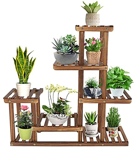 Greensen Blumenständer, Pflanzenregal Holz Blumenbank für Innen Pflanzentreppe Regal Balkon Blumenregal 6 Ebenen Beweglicher Outdoor Holzregal für Balkon Wohzimmer Garten 72x72x20cm