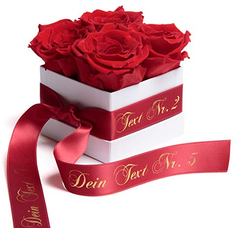 ROSEMARIE SCHULZ Heidelberg Individuelles Geschenk zum Valentinstag für Frauen Rosenbox mit Infinity Rosen konservierte Blumen haltbar 3 Jahre (Spezialtext, Rot)