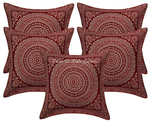 Stylo Culture Indio Fundas De Cojines Decorativos 40x40 cm Brocado De Seda Mandala Fundas Almohadones Cama Granate 16x16 Inch Jacquard Cuadrado Cremallera Fundas para Los Cojines del Sofa - 5 Pcs