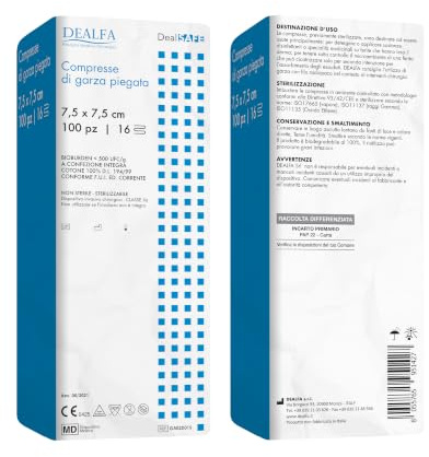 DEALFA Compresse di Garza Piegate - 7,5x7,5 cm - 16 Strati - 100% Puro Cotone - per Medicazione, Cura e Pulizia Ferite - Morbide e Traspiranti - Monouso - Confezione da 100 Pezzi