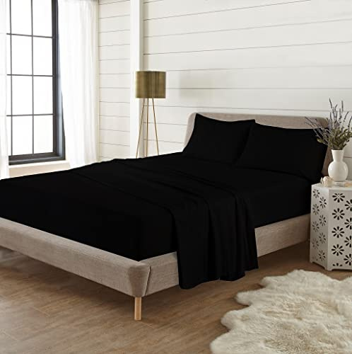 EXQUIZIT HOME® Juego de sábanas de franela 100% algodón cepillado, incluye sábana bajera, sábana encimera y 1 funda de almohada a juego (negro, individual)