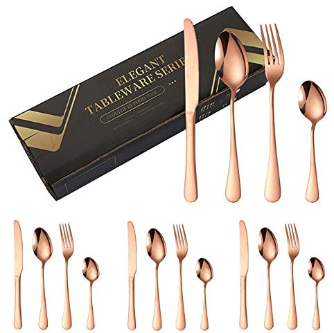 XJST Ensemble d'argent À Couverts en Acier Inoxydable, 6 X Fourches, 6 X Couteaux De Table, 6 X Cuillères De Table, 6 X Cuillères À Café, Lave-Vaisselle Coffre/Easy Netty, Miroir Poli,Rose Gold