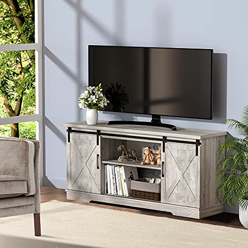 Yartaka Meuble TV avec porte coulissante de style rustique pour télévision de 65, centre de divertissement en bois de 150 cm, table de rangement pour salon avec étagère mobile (150 cm, marron)