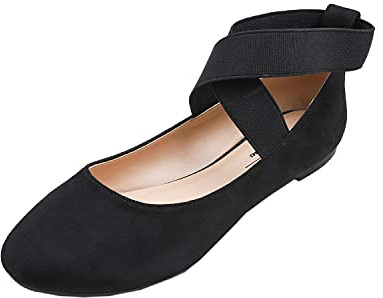 Feversole Women's Suede Ballet Flat,Sangles élastiques à la Cheville Chaussures de Ballet Ballerines Fille et Femme Noir Suède Élastique Taille 38