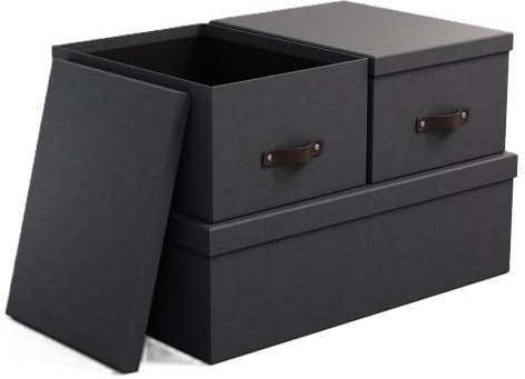 BIGSO INGE 3er-Set Aufbewahrungsboxen für das Schlaf-, Kinder-, Arbeits- oder Badezimmer – Ordnungsbox mit Deckel – Aufbewahrungskisten in Leinenoptik – Dunkelgrau