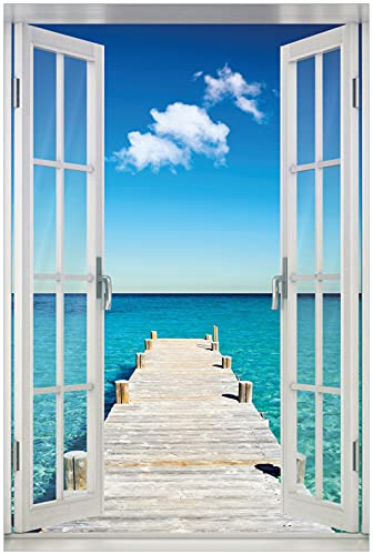 Wallario Wandbild aus Acryl, 60 x 90 cm mit Fensterrahmen, freischwebende Optik - Steg am tropischen Meer mit Fenster-Illusion