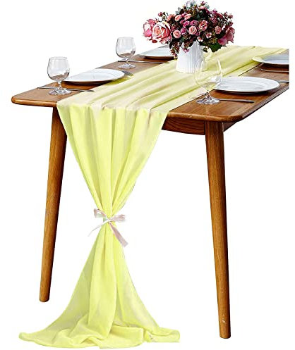 KAMEUN Chiffon Tischläufer, 300x70CM Tischläufer Gelb Chiffon Dekorieren, Tischdeko Romantischer Hochzeitsläufer, Tüll Dekostoff für Hochzeit, Brautparty, Babyparty, Geburtstag,Partydekorationen