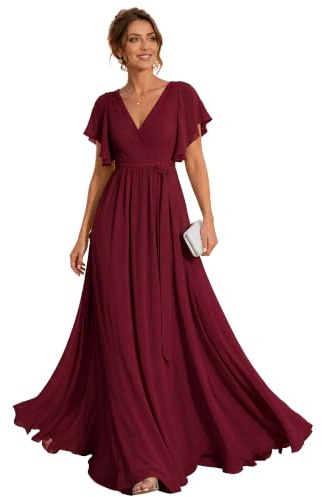 Ever-Pretty Robe pour Mariage Invité Longue Femme Col V Mousseline A Line Manches Courtes Plissé Chic EE0164A | Robe de mère de mariée, robe d'invité de mariage, robe d'été, ligne A, manches à volants, plissée