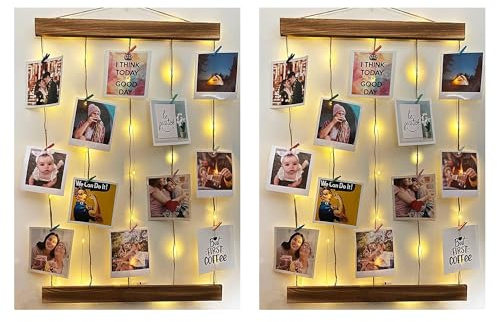 Pixomixo Photo Frame Multiple Pictures Pack of 2 - Wall Hanging Picture Frames with String Lights & Pegs, Multi Photo Frames for Wall - Personalised Collage Photo Frame Gift (2 Set, 40x60 cm)
