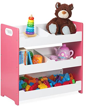 Relaxdays Kinderregal, 5 Fächer, Aufbewahrungsregal mit Griffen, HxBxT: 60 x 63 x 30 cm, Spielzeugregal, MDF, weiß-rosa