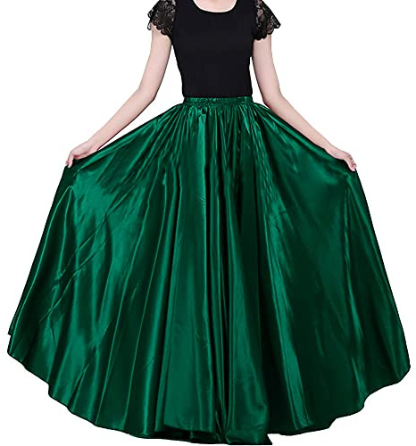 Maxi-Midirock für Damen, 90 cm, Satin, lang, elastische Taille, für Bauchtanz, Prinzessinnen-Party, Cosplay-Kostüm, dunkelgrün, Einheitsgröße