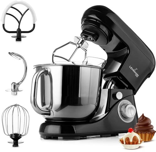 Lehmann Planetarische Küchenmaschine mit Edelstahlschüssel 5 L, Multifunktions Rührgerät 2200 W, 6 Geschwindigkeit Teigmaschine, inkl. Spritzschutzdeckel, Knethaken und Schneebesen (Schwarz)