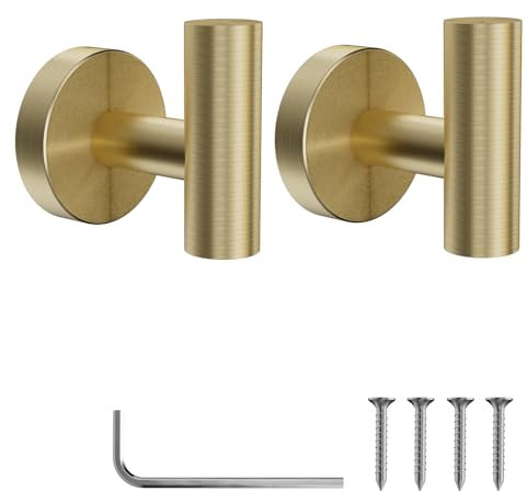 YUET 2 Pcs Bathroom Towel Hook,Screw in Metal Coat Hooks, Heavy Duty 10kg Capacity, Brushed Brass Robe Hook SUS 304 Stainless Steel Door Hanger Towel Robe Clothes Closet Sponges Holder