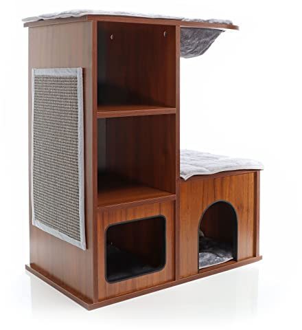 Fudajo Wooden Design Cat Playhouse Dark Brown Cat Tree with Cushion and Sisal Scratching Mat Scratch