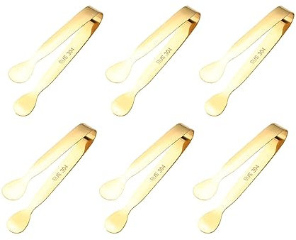 JOCXZI kleine Eiszange Zuckerzange - 6Pcs Zuckerzange Zangen, Edelstahl Küche Zange Eiswürfelzange Eiswürfel Eiszange Süßigkeiten Salat Küchenzange für Kaffee Tee (Golden)