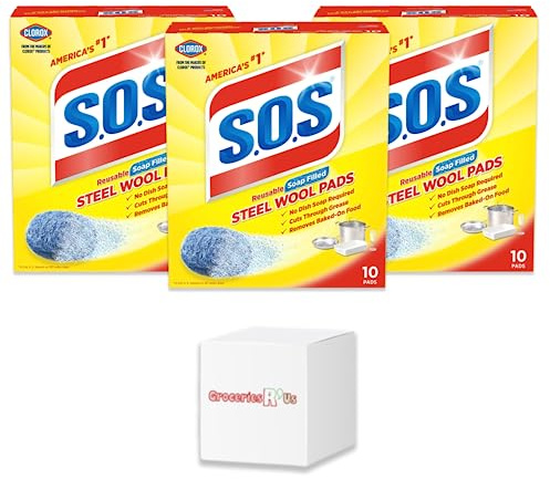 S.O.S-Steel Wool Dish Scrubber Pads - Box of 10 - Pack of 3 (30 Total) - Cleaning is Quick and Easy!