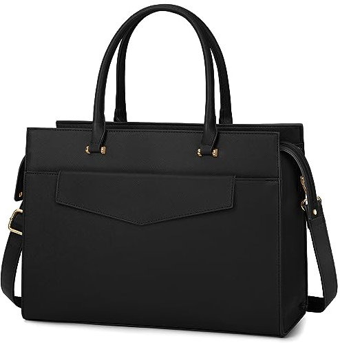 RAINSMORE Handtasche Damen Umhängetasche 2 in 1 Shopper Damen 15.6 Zoll Groß PU Leder Laptoptasche Damen Wasserdicht Arbeitstasche für Business Büro Schule Schwarz
