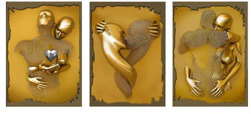 XIUWOUG Bild Leinwand Liebesfiguren Grau/Gold kunstdruck 3er set, 3D Metallfigur Statue Kunst Liebe Herz Kuss Bilder Wand kunst Deko, Poster Schlafzimmer/Bar/Badezimmer/Hotel,B,80X120cmx3 No Frame