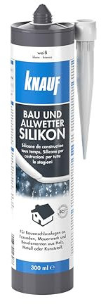 Knauf Bau & Allwetter Silikon zum Abdichten von Fugen im Innen- und Außen-Bereich – Allwetter-Silicon, Dicht-Masse für Fenster, Türen und Fassaden, 300-ml, weiß
