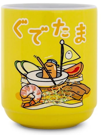 Sanrio Gudetama Sailing On Ramen - Taza de té de cerámica estilo asiático | Taza tradicional inspirada en Japón sin asa | Capacidad para 9 onzas
