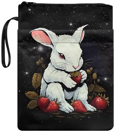 STUOARTE Buchhülle für Kinder, Jungen, Mädchen, mit Reißverschluss und Vordertasche, Erdbeer-Hase, Bucheinband, Schutz für Taschenbuch, Lehrbuch, 29,5 x 22,6 cm, Buchhülle für Buchliebhaber