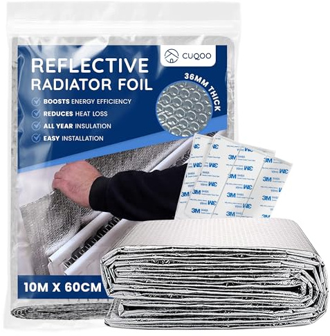 CUQOO Insulation Roll | Foil Insulation Roll 10m x 60cm - Heat Deflector | SELF-ADHESIVE BACKING: thermal · radiator reflector · energy saving · silver · household · DIY-friendly · loft