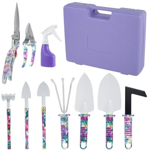 VAVPUP Lot de 10 outils de jardinage avec impression florale - Multifonction - Avec cisailles à pulvérisation Rake Shovel - Réutilisables - Violet - Pour hommes et femmes