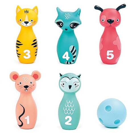 Ludi - Jeu de Quilles Souples pour Bébé - Dès 10 Mois - 5 Quilles Animaux Faciles à Prendre en Main + Balle Ergonomique - Dextérité, Vise et Coordination - Silencieux et Léger - 100% PVC, Lavable