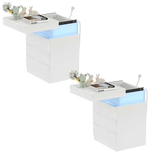 PIPIPOXER 2er Set Nachttisch mit Steckdose & USB, LED Nachttisch Weiß Hochglanz mit 3 Schubladen, Nachtschrank Tisch, Led 16 Farben Beleuchtung Beistelltisch für Wohnzimmer, Schlafzimmer